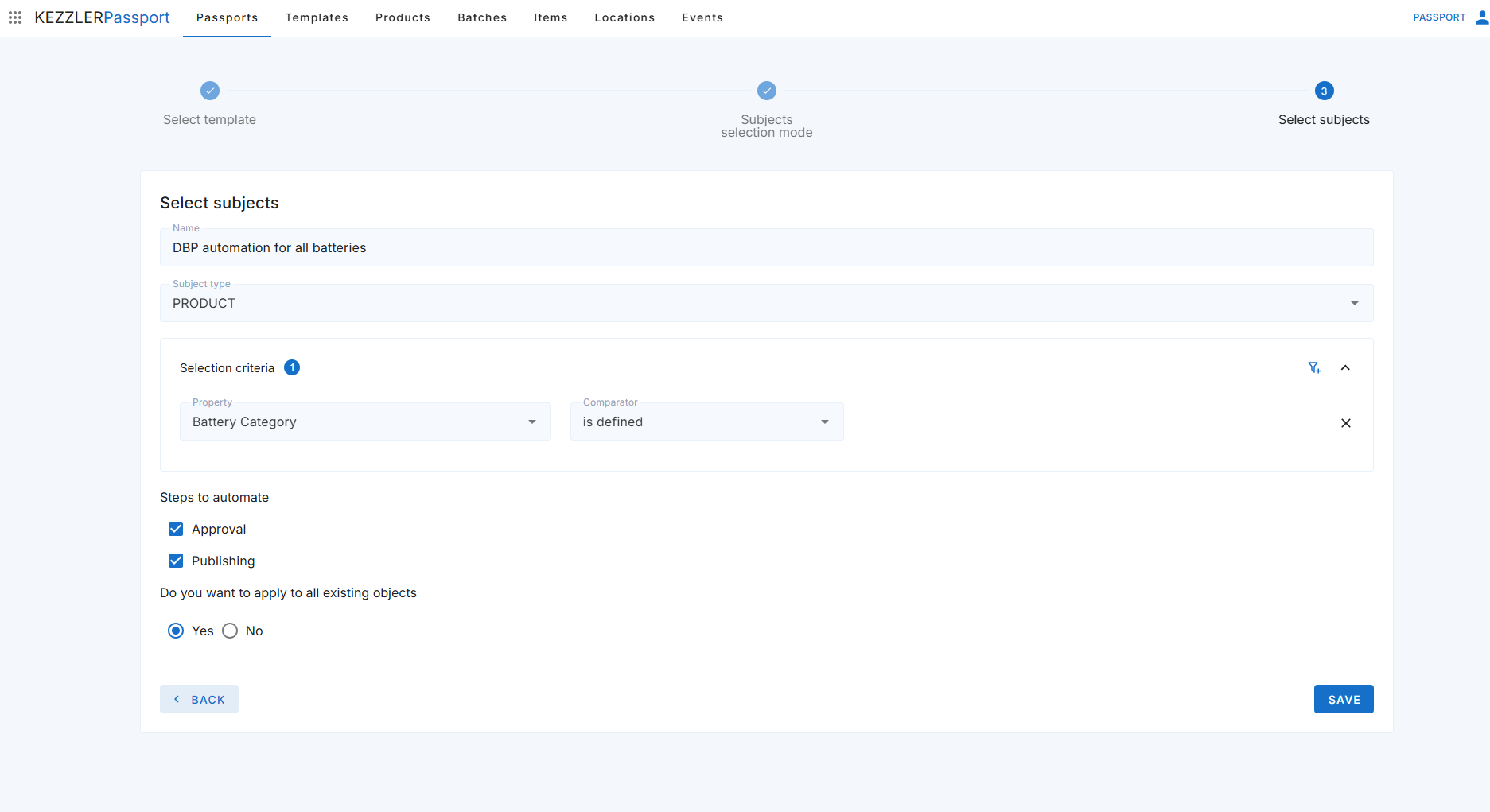 Kezzler Passport automation workflow setup screen showing subject selection, battery category filter, and approval and publishing stepsautomation workflow setup screen showing subject selection, battery category filter, and approval and publishing steps