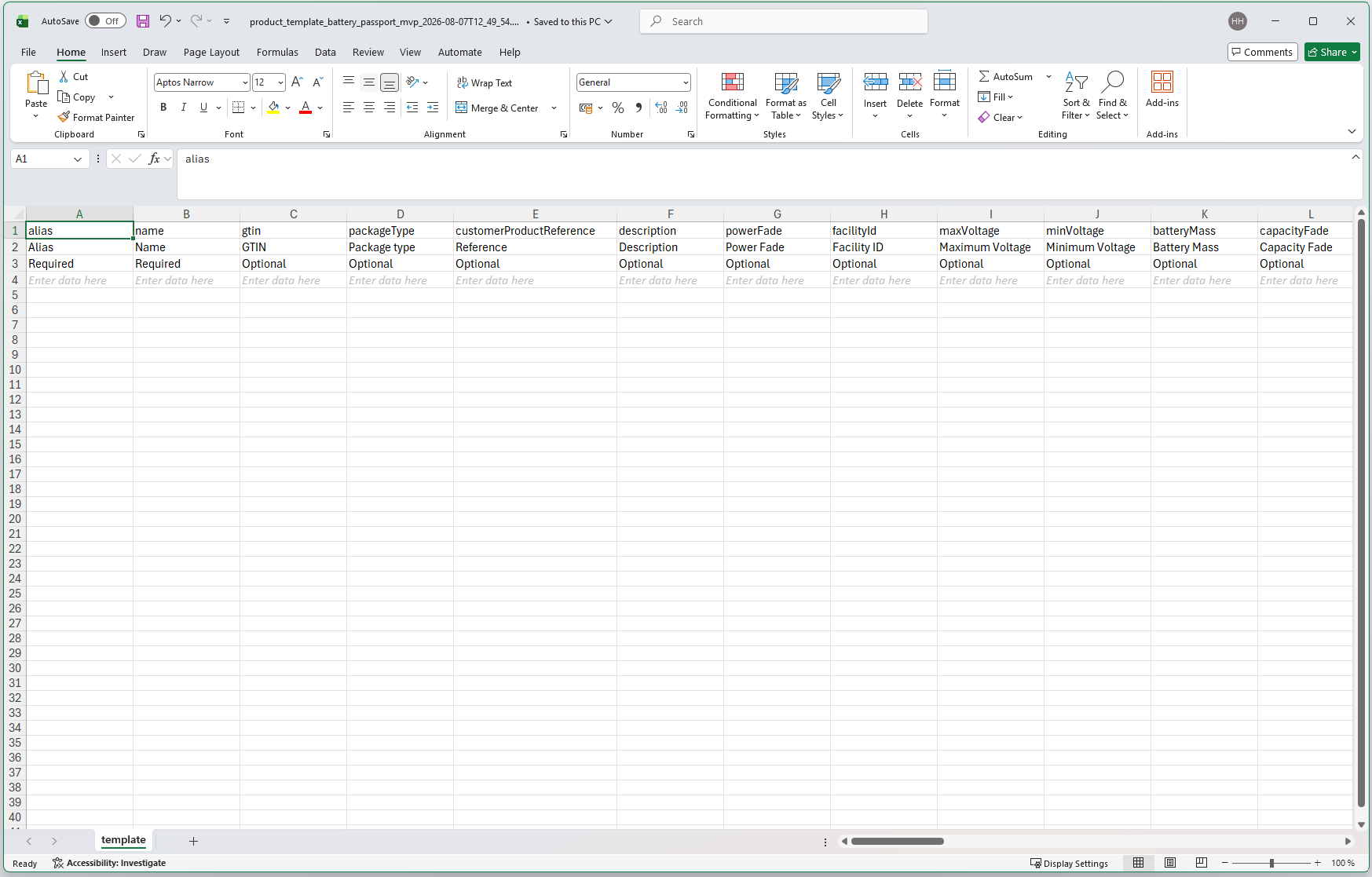 Redesigned Kezzler Excel bulk upload template with fields for GTIN, package type, facility ID, voltage, and battery mass.