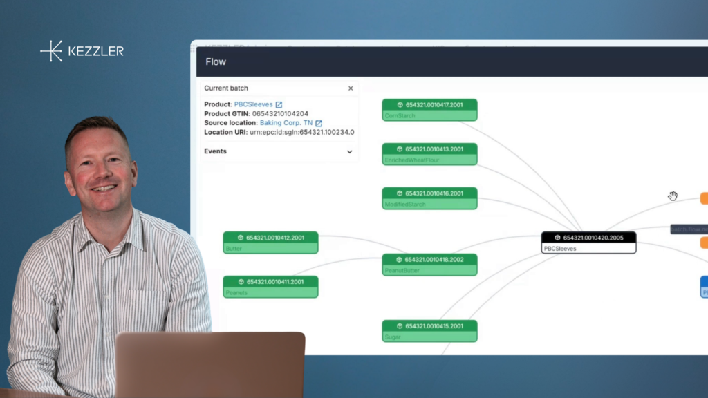 Henrik Horn presenting Kezzler's Batch Flow visualization, showing connections between product batches and supply chain events.